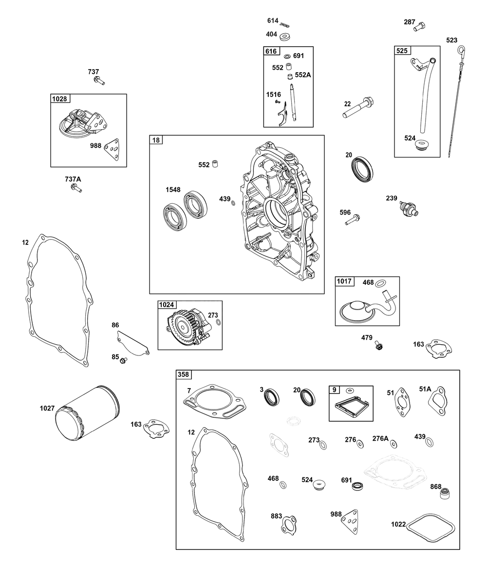 Crankcase Cover/Sump And Lubrication Group Diagram and Parts List for 356447-0707-G1 200000 - 399999 Briggs and Stratton Engine